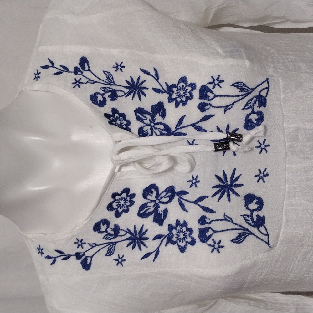 Women’s White Gauze Long Sleeve Blouse Floral Embroidered Boho Peasant Top Sz 6 - Picture 3 of 13